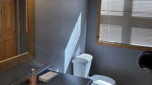 Shower, hydromassage showerhead, free toiletries, hair dryer