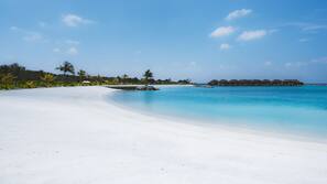 On the beach, white sand, snorkelling, windsurfing