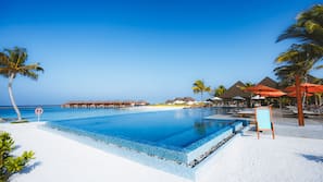 Outdoor pool, pool umbrellas, pool loungers
