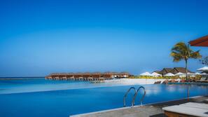 Outdoor pool, pool umbrellas, pool loungers