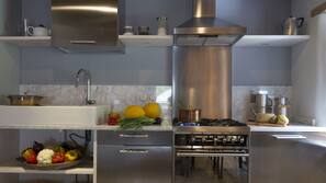 Fridge, hob, cookware/dishes/utensils