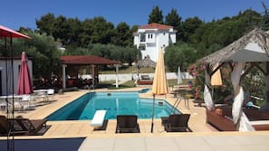 Seasonal outdoor pool, pool umbrellas, sun loungers