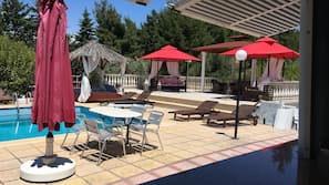 Seasonal outdoor pool, pool umbrellas, sun loungers