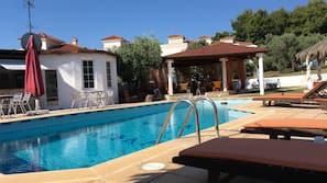 Seasonal outdoor pool, pool umbrellas, sun loungers