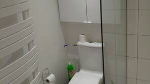 Douche, sèche-cheveux, serviettes fournies, savon