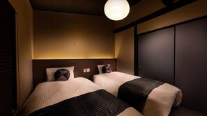 1 bedroom, down comforters, memory foam beds, blackout drapes