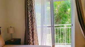 Laptop workspace, blackout drapes, linens