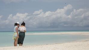 Plage, sable blanc, chaises longues, parasols