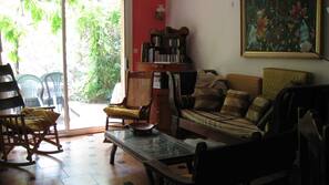 Télévision, cheminée, lecteur de DVD, livres