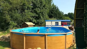Seasonal outdoor pool, pool umbrellas, pool loungers