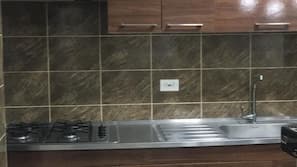 Fridge, microwave, stovetop, cookware/dishes/utensils