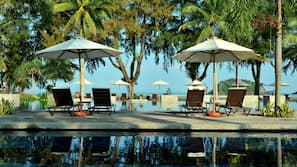 3 outdoor pools, open 9:00 AM to 10:00 PM, pool umbrellas, pool loungers
