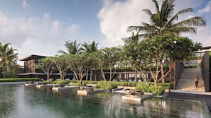 Outdoor pool, pool umbrellas, sun loungers