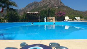 Seasonal outdoor pool, pool umbrellas, sun loungers