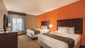 Premium bedding, desk, laptop workspace, iron/ironing board