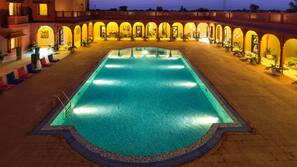 Outdoor pool, pool umbrellas, pool loungers