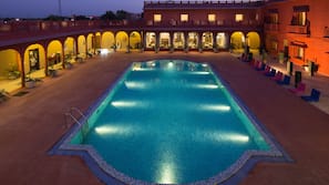 Outdoor pool, pool umbrellas, pool loungers