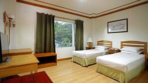 Desk, blackout curtains, linens