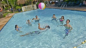 Outdoor pool, pool umbrellas, sun loungers