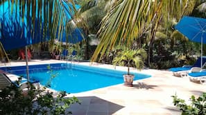Una piscina al aire libre, tumbonas