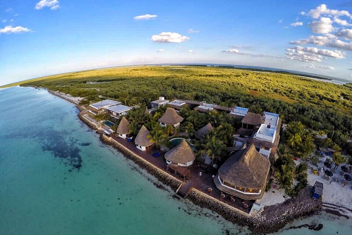 aerial view of the small beach town of Holbox Island