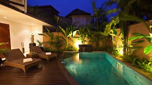Outdoor pool, pool umbrellas, pool loungers
