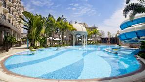 Indoor pool, outdoor pool, pool loungers