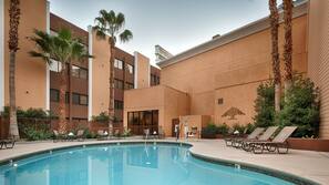 Outdoor pool, open 8 AM to 9 PM, pool umbrellas, pool loungers