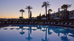 Indoor pool, outdoor pool, open 7:30 AM to 7:30 PM, pool umbrellas