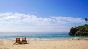 Private beach, sun loungers, beach umbrellas