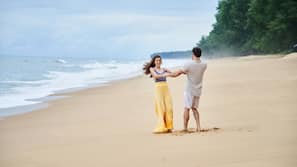 On the beach, white sand, beach yoga