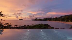 Outdoor pool, pool umbrellas, pool loungers