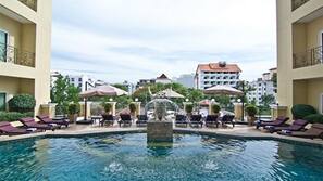 Outdoor pool, pool umbrellas, pool loungers