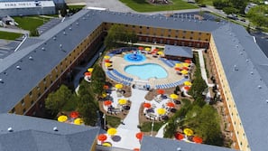 Outdoor pool, pool umbrellas, pool loungers