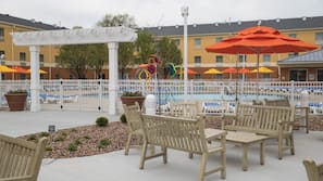 Outdoor pool, pool umbrellas, pool loungers