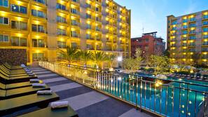 Outdoor pool, pool umbrellas, pool loungers