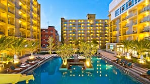 Outdoor pool, pool umbrellas, pool loungers