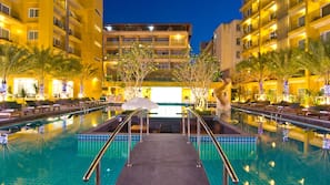 Outdoor pool, pool umbrellas, pool loungers