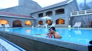 Outdoor pool, pool umbrellas, pool loungers
