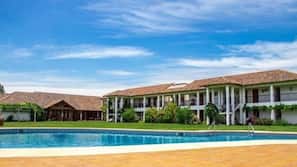 Outdoor pool, pool umbrellas, pool loungers