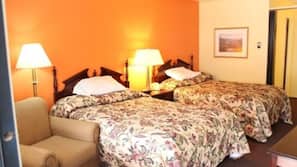 Desk, iron/ironing board, bed sheets, alarm clocks