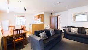 Fridge, microwave, hob, coffee/tea maker
