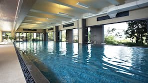 Indoor pool, outdoor pool, open 7:00 AM to 11:00 PM, pool loungers