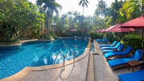 2 outdoor pools, open 7:00 AM to 6:00 PM, pool umbrellas, pool loungers