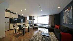 Flat-screen TV, DVD player, iPod docking station