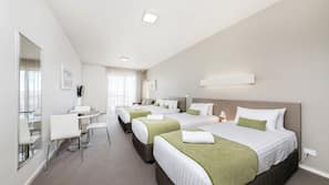 Premium bedding, down duvet, pillow top beds, desk