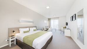 Premium bedding, down duvet, pillow top beds, desk
