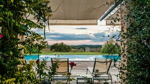 Outdoor pool, open 8:00 AM to 8:00 PM, pool umbrellas, pool loungers