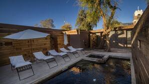 Outdoor pool, pool umbrellas, pool loungers