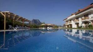 Outdoor pool, pool umbrellas, sun loungers